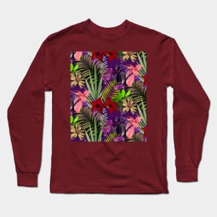 Elegant tropical flowers and leaves pattern purple illustration, pink tropical pattern over a Long Sleeve T-Shirt